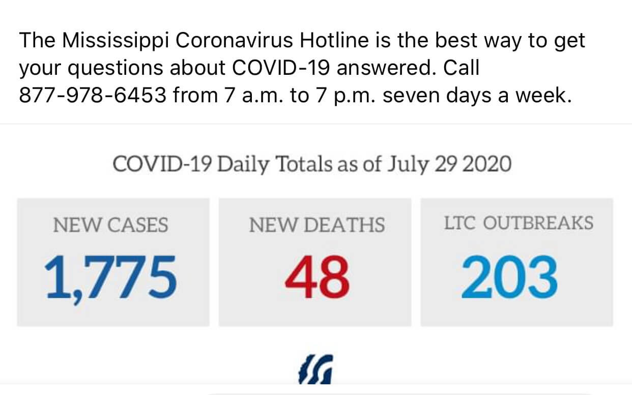 Updated Mississippi COVID-19 Numbers for July 30, 2020