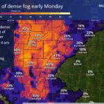 Chance of dense fog along and west of Mississippi River early Monday ⚠️There is a chance (30-50%) of dense fog along and west of the MS river early Monday morning