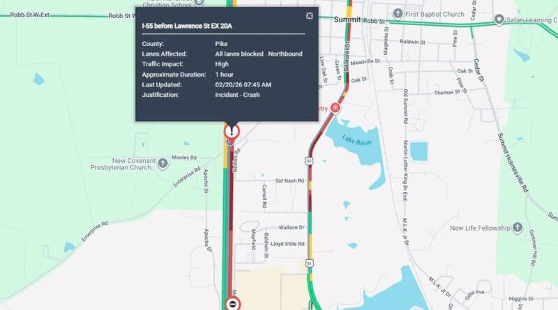 UPDATE (2/20/26, 8:45 a.m.): The crash has been moved to the RIGHT SHOULDER on I-55 at Lawrence St E