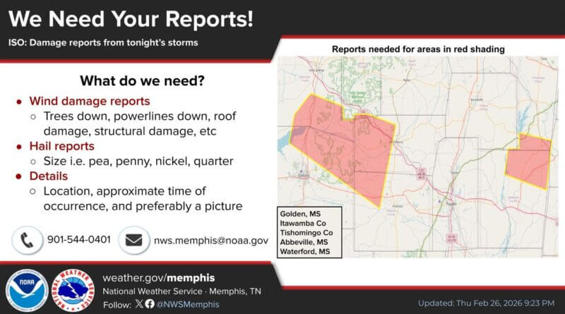Social media post seeks hail, wind reports in Golden and parts of two Mississippi counties Thank you for all the reports!
