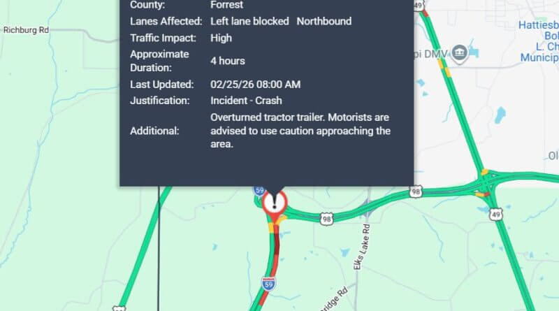 Overturned tractor-trailer blocks northbound lane on I-59 in Forrest County A crash with an overturned tractor-trailer on I-59 before US 98 E / Lucedale / Mobile EX 59 in Forre