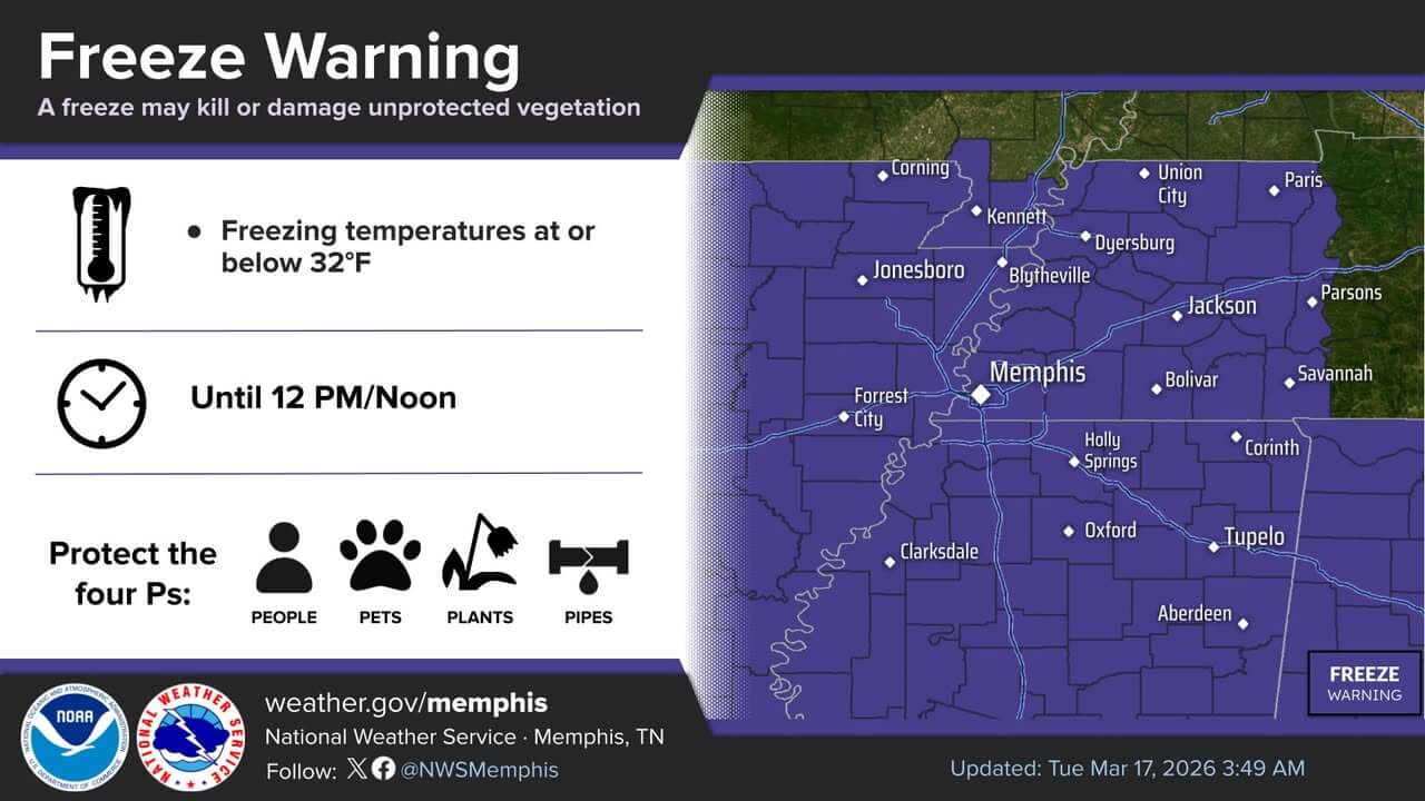 Freeze Warning in effect through noon today, NWS Memphis says | Tippah News