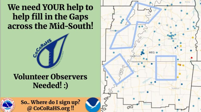 CoCoRaHS seeks volunteers in the Mid-South to fill precipitation gaps Would you like to help us fill the Gaps in these areas here in the Mid-South with CoCoRaHS volunteer