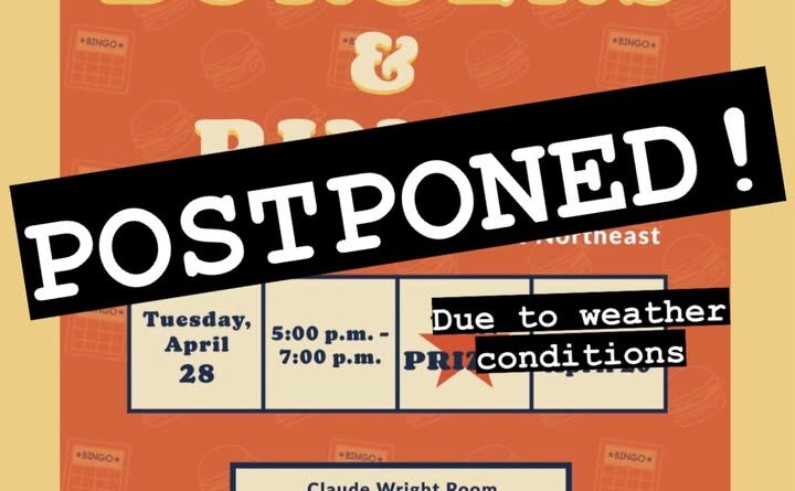 Collegiate Farm Bureau postpones Burgers and Bingo event over weather threat Due to the threat of inclement weather the Burgers and Bingos event is postponed!