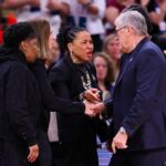 Geno Auriemma, Dawn Staley involved in heated sideline confrontation during NCAA tournament game Legendary women's basketball coaches Dawn Staley and Geno Auriemma get into heated shouting match