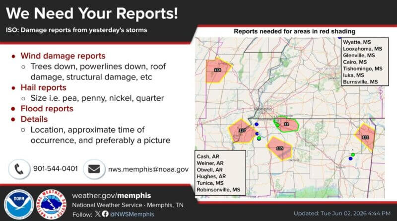 Residents asked to report wind, hail or flood damage in Cash, Ark., and Tishomingo, Miss. If you saw wind damage, hail, or flooding from yesterday's storms in areas like Cash, AR, Tishomingo