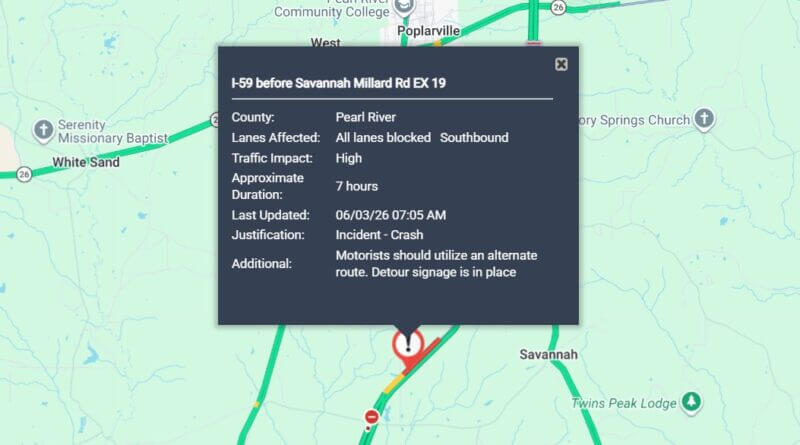 Crash Blocks Southbound Lanes of I-59 in Pearl River County 🚨 Pearl River County Drivers - Take Note!
