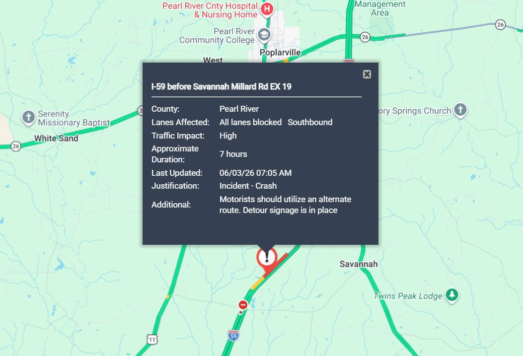 Crash Blocks Southbound Lanes of I-59 in Pearl River County