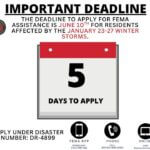 Five days left to apply for FEMA aid after Jan. 23-27 winter storms 🚨DEADLINE APPROACHING: Residents in the counties affected by the January 23rd through 27th winter st