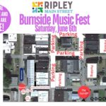Burnside Music Festival posts map for Saturday in historic downtown Ripley ๐ Wondering where to park or where everything will be located at the Burnside Music Festival?