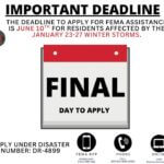 Today final day to apply for aid after Jan. 23-27 winter storms TODAY is the FINAL day for residents affected by the January 23–27 winter storms to apply for assist