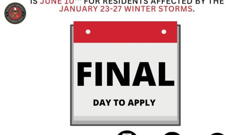 Today final day to apply for aid after Jan. 23-27 winter storms TODAY is the FINAL day for residents affected by the January 23–27 winter storms to apply for assist