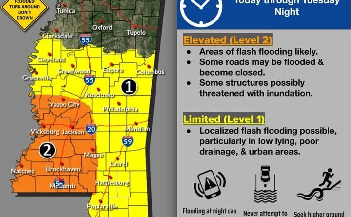 National Weather Service Warns of Flash Flood Risk Across Much of Mississippi ❗Flash Flood Threat❗