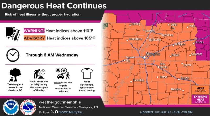 National Weather Service in Memphis Warns of Heat Indexes of 105 to 109 Degrees Fahrenheit Photos from US National Weather Service Memphis Tennessee's post