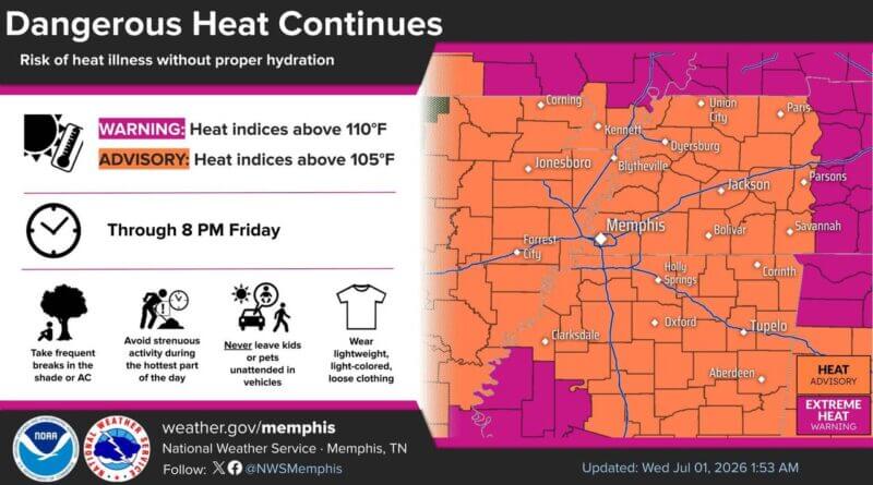 NWS Memphis warns of heat indices above 105°F; isolated storms may bring 60 mph gusts Photos from US National Weather Service Memphis Tennessee's post