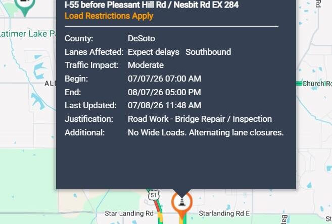 MDOT: Lane closures and wide-load ban on I-55 in DeSoto County through Aug. 7 Photos from Mississippi Department of Transportation's post