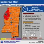 Dangerous heat expected across Mississippi through July 22 Dangerous heat is expected across Mississippi today (7/20/2026) through Wednesday (7/22/26)