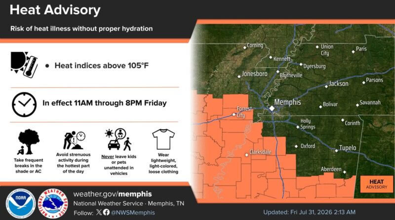 Heat advisory issued for east Arkansas, northwest Mississippi Photos from US National Weather Service Memphis Tennessee's post