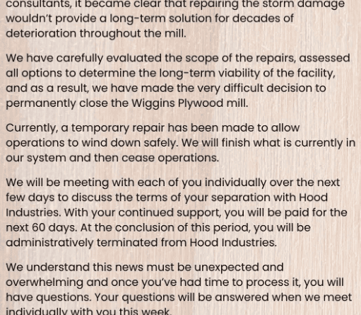 Hood Industries closing Wiggins mill after 56 years