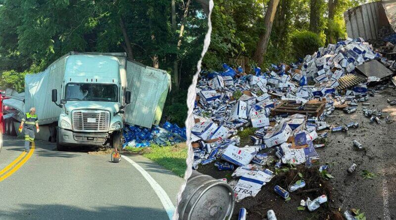 Tractor-trailer overturns, spills thousands of beer cans across Connecticut highway Thousands of beer cans spill across Connecticut highway after tractor-trailer overturns