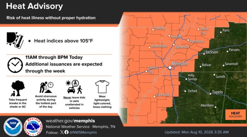 Heat advisory in effect for areas along, west of Mississippi River Photos from US National Weather Service Memphis Tennessee's post