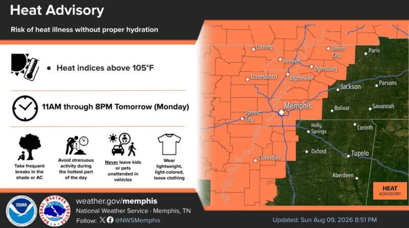 NWS Memphis issues Heat Advisory for areas near, west of Mississippi River Monday Photos from US National Weather Service Memphis Tennessee's post