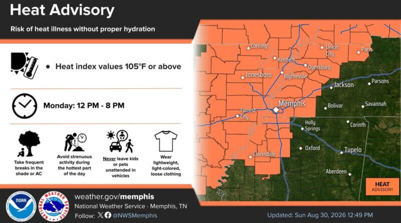 Heat advisory issued for parts of Tennessee, Arkansas, Missouri and Mississippi Photos from US National Weather Service Memphis Tennessee's post