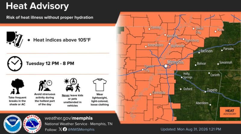 NWS: Heat advisory continues through 8 p.m.; new advisory begins at noon tomorrow Photos from US National Weather Service Memphis Tennessee's post