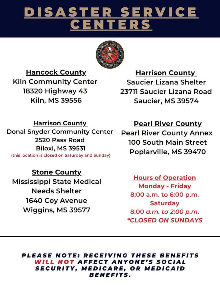 REMINDER: The Disaster Service Centers for Tropical Storm Arthur on June 18–20, 2026 (DR-4930-MS) wi