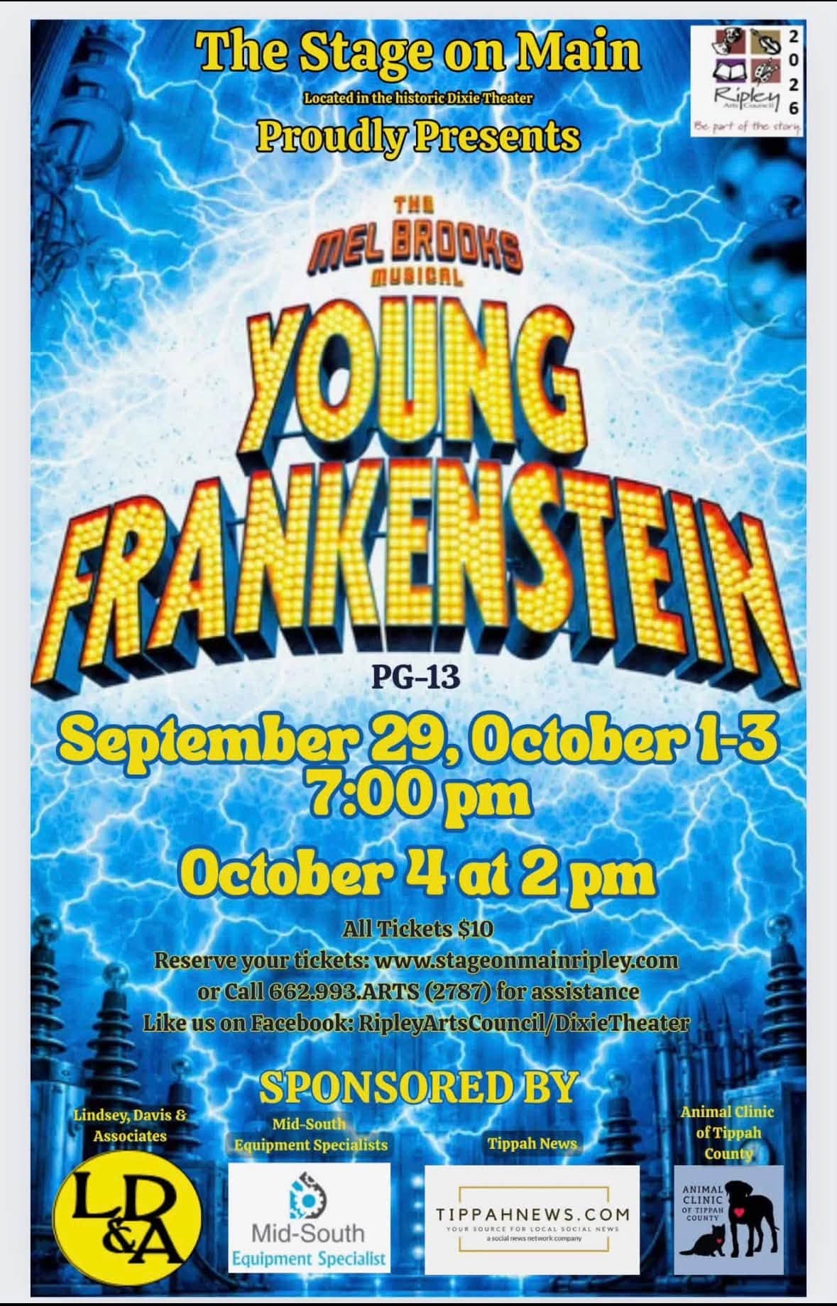 Young Frankenstein at The Stage on Main: September 29 and October 1–3, 2026 at 7 p.m.; October 4 at 2 p.m. Tickets $10.