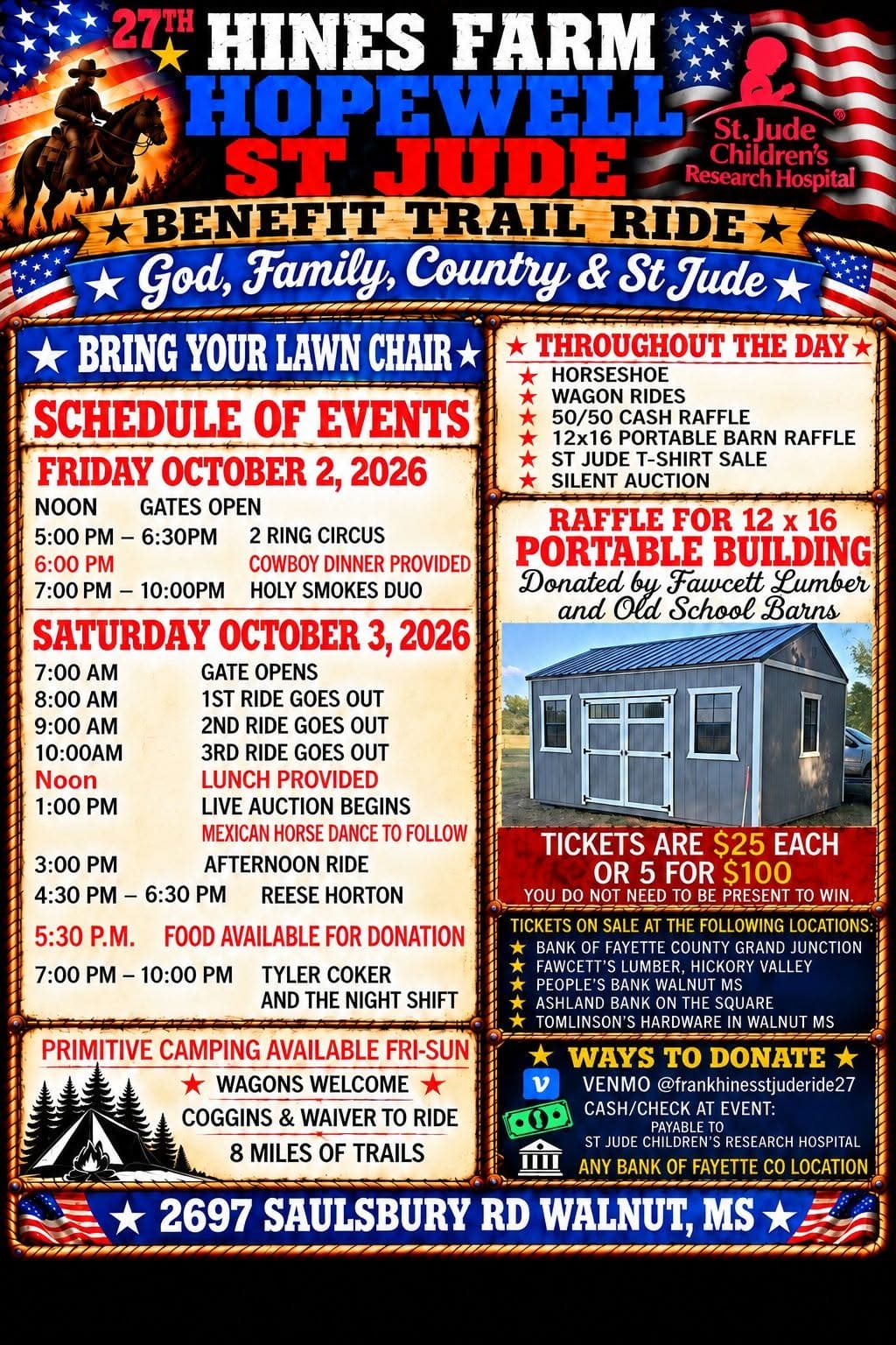 27th Hines Farm Hopewell St. Jude Benefit Trail Ride, October 2–3, 2026 at 2697 Saulsbury Road in Walnut, with rides, music, auctions and food.
