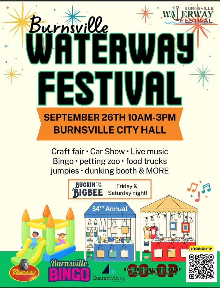 34th annual Burnsville Waterway Festival, September 26, 10 a.m.–3 p.m. at Burnsville City Hall, with crafts, music, food, a car show and family activities.