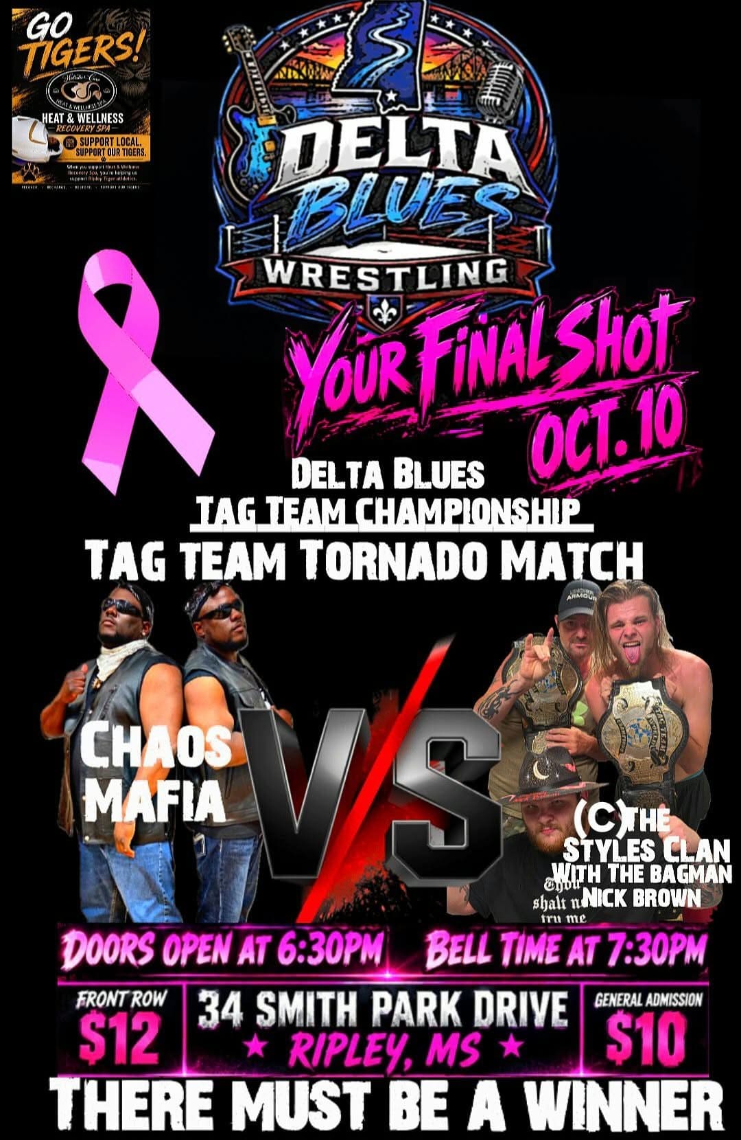 Delta Blues Wrestling Your Final Shot flyer: October 10, 2026 in Ripley. Doors 6:30 p.m., bell time 7:30 p.m.; general admission $10, front row $12.