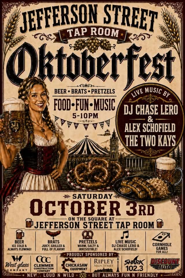 Oktoberfest at Jefferson Street Tap Room, Saturday October 3, 5–10 p.m., with live music, brats, pretzels and cornhole.
