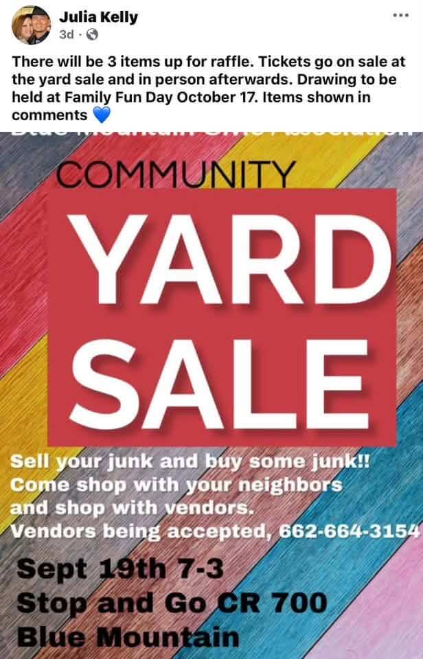 Flyer for the Blue Mountain community yard sale on Sept. 19