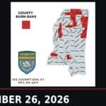 Tippah County News Today, Sept. 26: Drought, Marching Classic, Fall Sports Mississippi Forestry Commission map showing county burn bans across the state, including Tippah and Benton counties, dated September 26, 2026