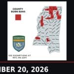 Mississippi Forestry Commission Makes Tippah County's Burn Ban Official Mississippi Forestry Commission map showing 13 counties under an active burn ban, including Tippah County, in north Mississippi as of September 2026.