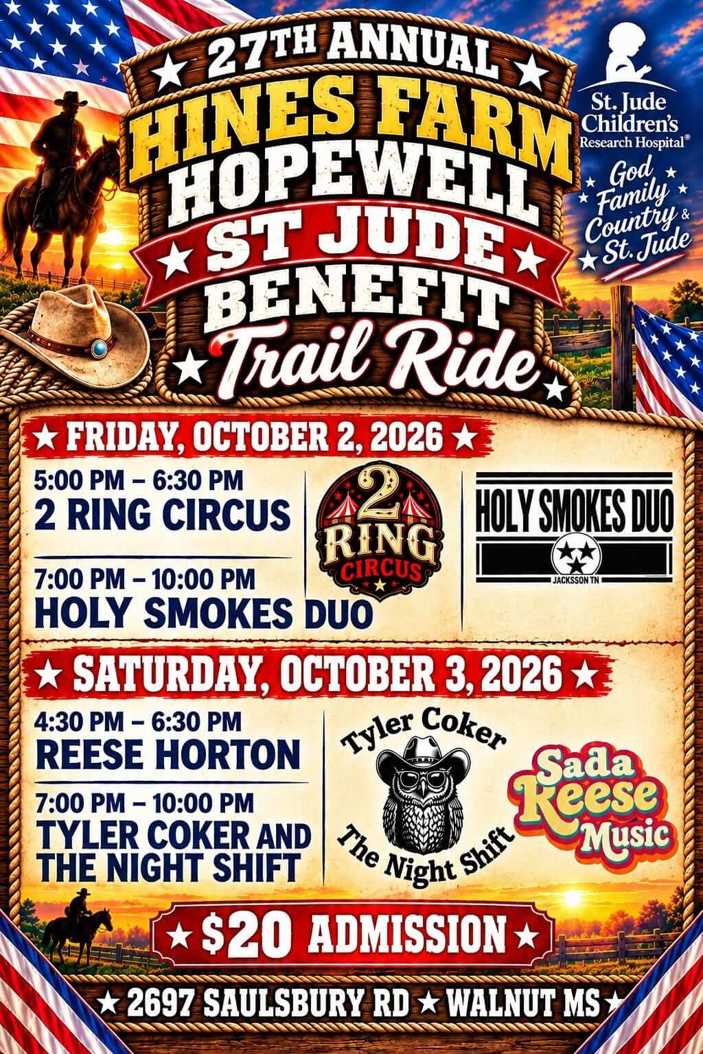 Music lineup flyer for the 27th annual Hines Farm Hopewell St. Jude Benefit Trail Ride