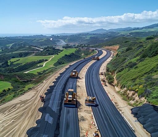 Highway construction through rolling hills (stock photo)