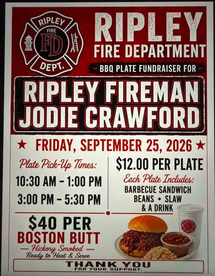 Ripley Fire Department selling BBQ plates, Boston butts Sept. 25 to benefit fireman Jodie Crawford