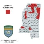 Tippah, Benton Burn Bans Stay in Place as Drought Deepens Mississippi Forestry Commission map showing the county burn ban in Tippah, Benton and 14 other Mississippi counties