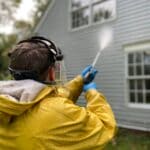 The 5 Best Pressure Washers for Tippah County Driveways and Equipment Person in a yellow raincoat pressure-washing a house exterior with a high-pressure washer