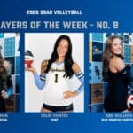 Blue Mountain Christian Volleyball Duo Earns SSAC Weekly Honors SSAC Players of the Week graphic showing Blue Mountain Christian's Marissa Gerleman, SSAC Attacker of the Week, and Abbi Williams