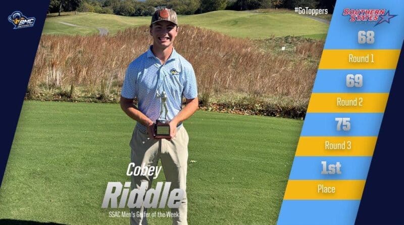 BMCU Athletics graphic for Cobey Riddle, SSAC Men's Golfer of the Week, part of the BMCU SSAC weekly honors