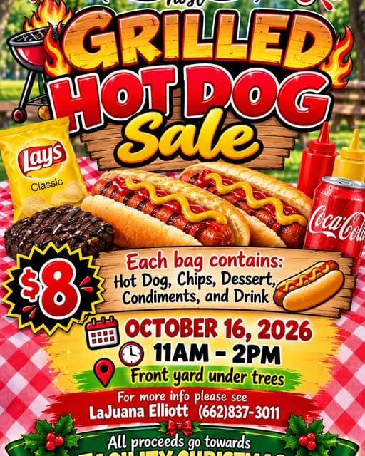Flyer for the Diversicare of Ripley hot dog sale on Oct. 16, 2026, showing an $8 lunch bag