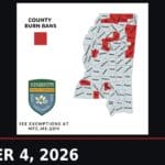 Tippah County News Today, October 4: Burn Ban, Dry Week, Ripley Volleyball Playoff Next Mississippi Forestry Commission county burn ban map showing Tippah and Benton counties under burn bans, with the date October 4, 2026