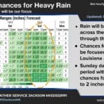 Mississippi News Report — Sunday, Oct 4: Flood Watch, Budget, Football National Weather Service Jackson Mississippi graphic showing timing of heavy rain chances Saturday into Sunday across Mississippi cities including Jackson, Meridian, Vicksburg and Hattiesburg