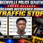 Mississippi News Report — Monday, Oct 5: Greenville Gun Bust, SWAC Greenville Police Department press-release graphic: booking photos labeled Julius Dillard and Jereme Pickett beside a recovered handgun with ammunition and a callout labeling a machine gun conversion device (switch)