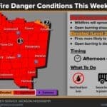Mississippi News Report — Friday, Oct 16: Fire Danger, Bo Luckey National Weather Service Jackson fire-danger map for Mississippi showing areas under Saturday Red Flag Warnings
