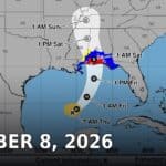 Tippah County News Today, October 8: Isaias Rain Saturday, Burn Ban Decision, Playoff Volleyball National Hurricane Center forecast cone map for Hurricane Isaias showing its track toward the northern Gulf Coast and north Mississippi, dated October 8, 2026